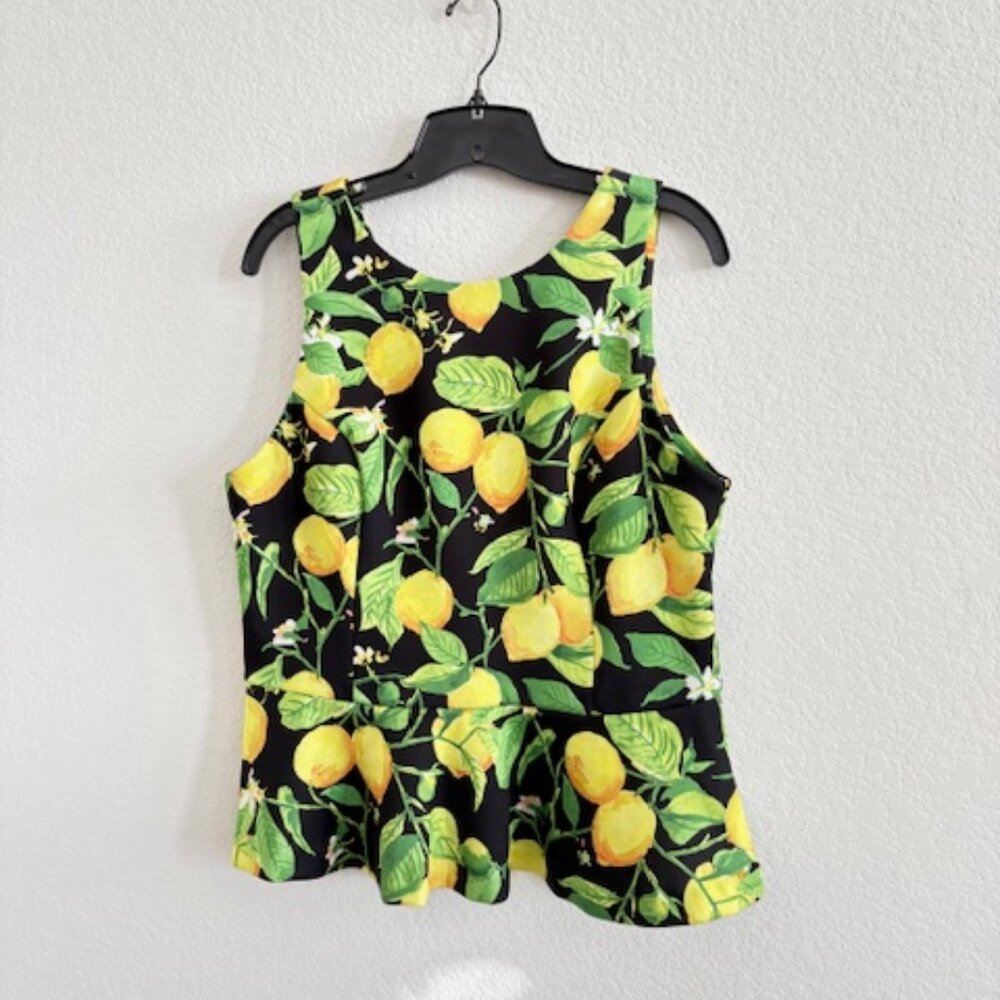 ALEXIA ADMOR LEMON PRINT BLACK PEPLUM TOP, SIZE L
